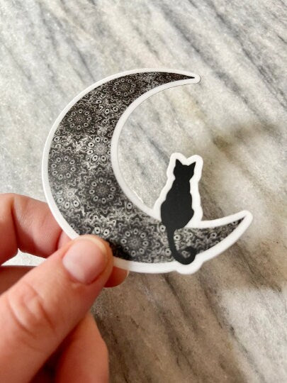 Mandala Crescent Moon Cat Waterproof Vinyl Sticker